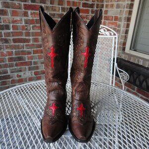 LAREDO Women's Brown Leather Red Cross Snip Toe Western Boots Size 7